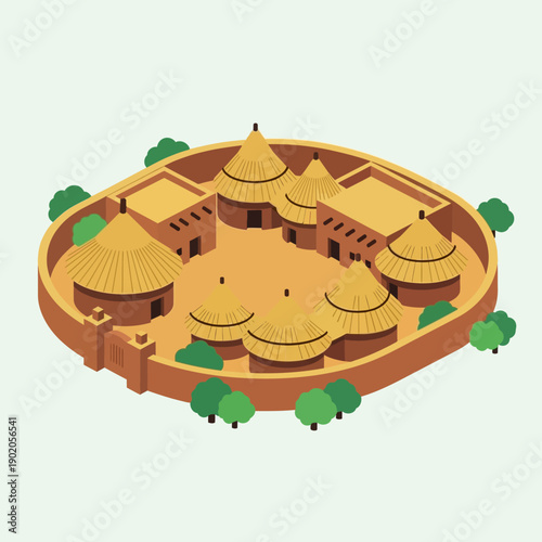 Isometric illustration of a circular village with thatched roof huts and surrounding trees.