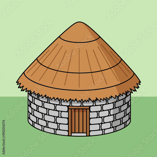 Traditional roundhouse with thatched roof and stone base.