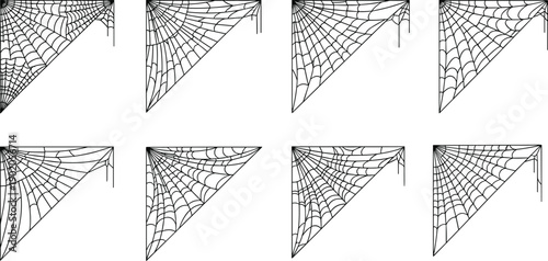Spider web corner icons set in black outline style, Halloween cobweb decorations, spooky design elements and creepy illustration collection on white background
