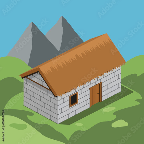 Small stone house with thatched roof in a mountainous landscape.
