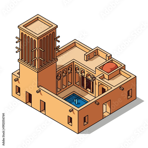 Isometric illustration of a luxurious villa with a swimming pool and rooftop garden.