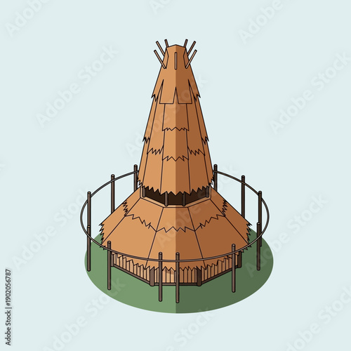 Traditional thatched roof hut with wooden fence and deck.