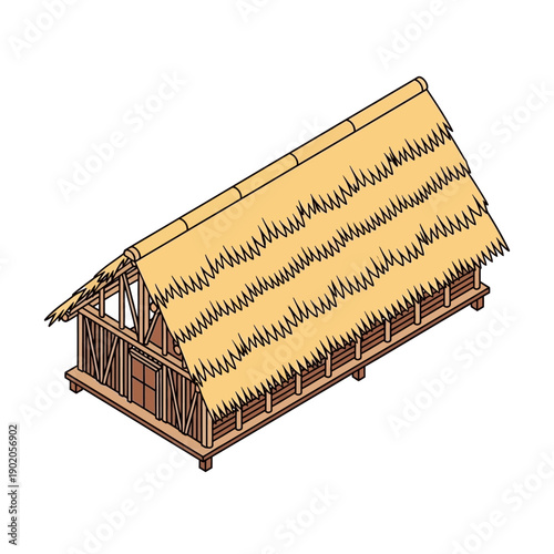 Traditional thatched roof wooden house or cottage illustration.