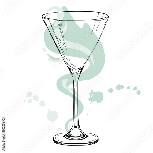 Modern Gin Tonic, clear vodka, tequila spirits, lemonade in martini cocktail glass, liquid splatter. Hand drawn ink illustration in flat vector style. Drink infographics, social media, web banners.