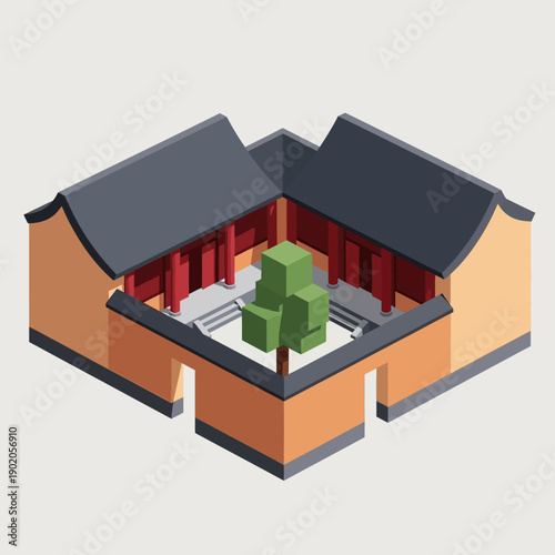 Isometric illustration of a traditional Japanese temple courtyard with a bonsai tree.