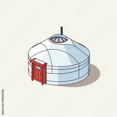 Traditional Mongolian Yurt with Red Door and Central Ventilation.
