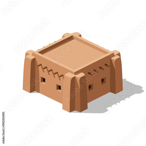 3D Isometric Illustration of Ancient Fortress Structure with Battlements.
