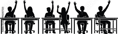 Students Raising Hands Silhouette Illustration Showing Children Sitting at Desks Participating in Classroom Lesson Education Concept Black Vector Isolated on White Background