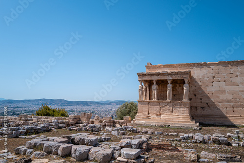 The Erechtheion with the famous Caryatids on the Acropolis of Athens. Athens, Greece, Greek.