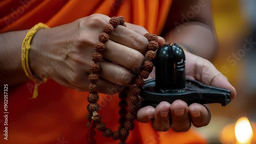 Hindu Monk Praying with Rudraksha Beads and Shiva Lingam with Candle Flame