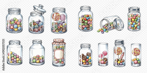 Watercolor illustration of various glass jars filled with colorful candies, lollipops, and sweets, creating a delightful collection.