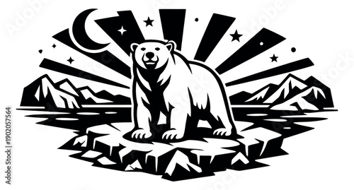 Bold graphic illustration of a polar bear depicting an arctic night scene for environmental themes
