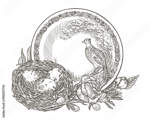 Bird nest with egg and porcelain plate vector illustration in vintage style. Festive dishware with rose and willow. Hand drawn black and white art for spring design. Easter greeting card template.