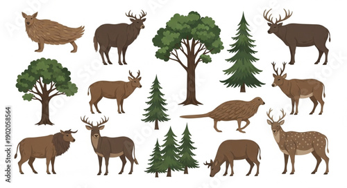 Collection of Forest Animals and Trees Illustration.