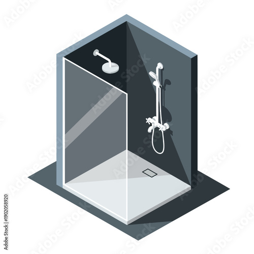 Isometric illustration of a modern shower stall with glass door and wall-mounted shower head.