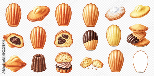 Set of delicious madeleine cakes in various shapes and flavors, including chocolate, vanilla, and filled options, perfect for dessert or snack.