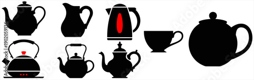 Teapot silhouette collection featuring classic kettle shapes and tea pot designs, black kitchenware icons isolated on white background