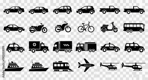 Collection of diverse vehicle silhouettes on transparent background.