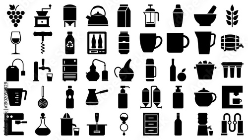 Beverage and drink production icons in a minimalist black filled silhouette style
