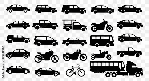 Collection of diverse vehicle silhouettes on transparent background.