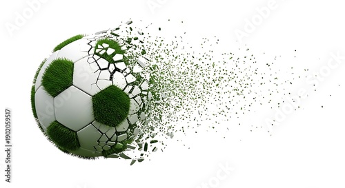 ​A high-energy illustration of a grass-textured football exploding into a spray of leaves and broken white panel pieces