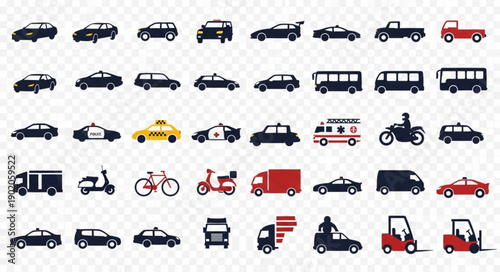 Collection of diverse vehicles and transportation icons.