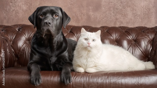 Black dog and white cat.