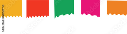 Set of five colorful torn paper banner flags in yellow, red, green, pink, and orange, perfect for festive or creative designs.