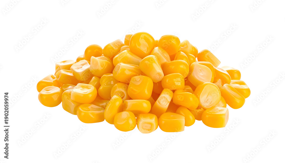 Fototapeta premium A vibrant pile of golden corn kernels is isolated against a black background, showcasing texture and vivid coloration. The image presents a close-up of the food