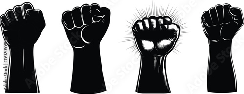 Black Raised Fist Silhouette Set Vector 