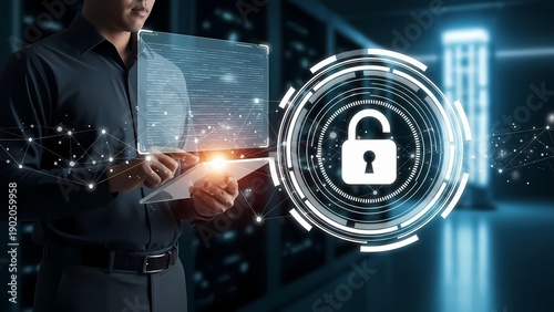 Professional in a server room interacting with digital security interfaces