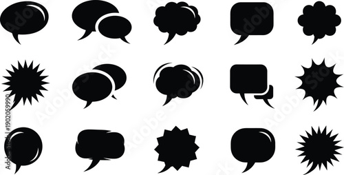 Assortment of black speech and thought bubbles in various comic and modern styles for conversation and expression.