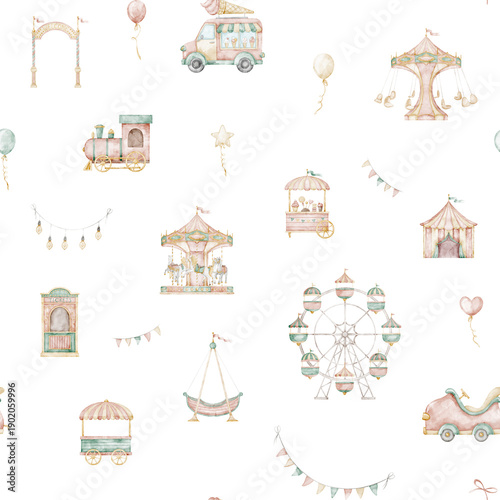 Wallpaper Mural Amusement park watercolor seamless pattern with Ferris whale and Carousel in soft pastel colors. Cute background with fair and attractions for nursery wallpaper, kids textiles, wrapping paper. Torontodigital.ca