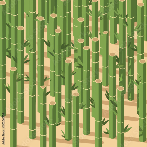 Bamboo forest with green stalks and leaves on beige background.
