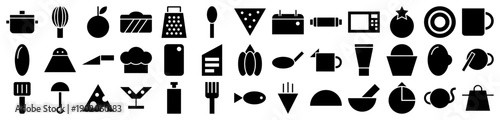 Kitchen and cooking icons in a minimalist black silhouette style for food and culinary web design
