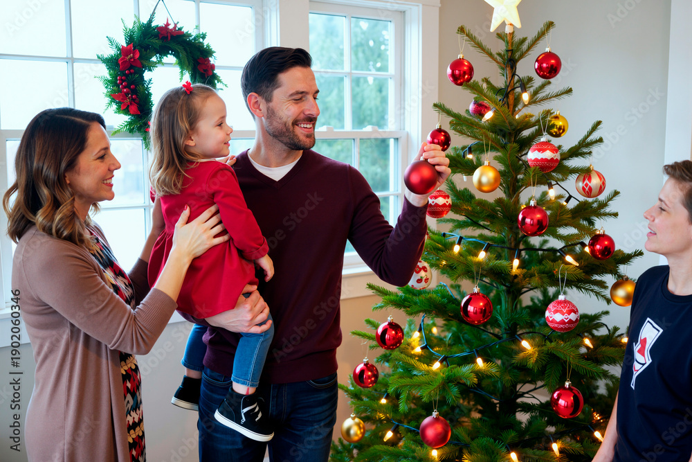 Naklejka premium Caucasian man holding Christmas ornament while smiling at Caucasian young adult woman holding child, teenage boy standing near decorated Christmas tree during holiday celebration