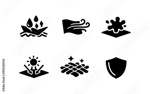 Set of six icons representing fabric properties like water resistance, windproof, and UV protection