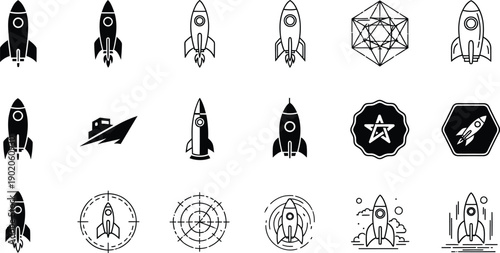 Set of 15 rocket ship icons in various styles, including launch sequences and space exploration themes