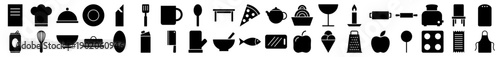 Kitchen and restaurant icons in a minimalist black filled silhouette style for dining and cooking