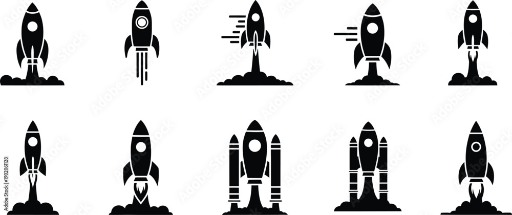 Naklejka premium Set of 10 rocket ship icons illustrating various stages of launch and space travel with exhaust flames