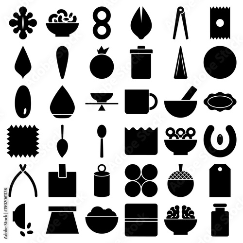Kitchen and food preparation icons in a minimalist black silhouette style for UI design