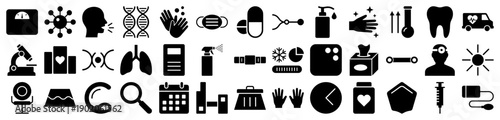 Medical and healthcare icons in a black filled silhouette style for health apps and web design.