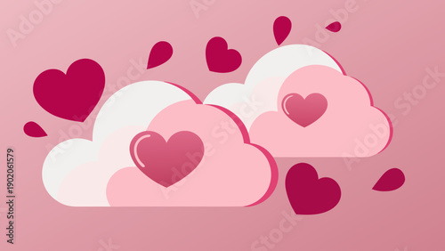 Minimalist illustration of pink clouds with hearts on a soft pink background symbolizing love and affection in a whimsical dreamy atmosphere