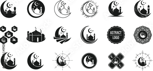 Islamic and mosque logos with crescent moon and stars, abstract circular designs, vector illustrations