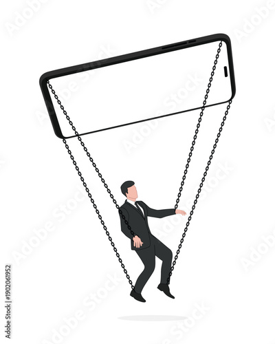 Businessman controlled by smartphone with chains symbolizing digital addiction and manipulation