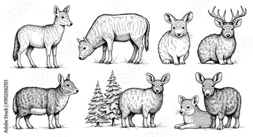 Collection of Hand Drawn Farm Animals and Wildlife.