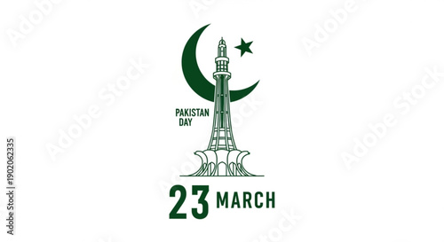 Pakistan Day, 23 March, green vector icon, crescent moon, star, Minar-e-Pakistan monument