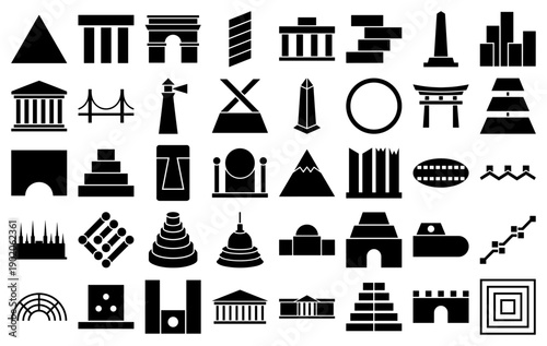 World landmarks and architectural monuments icons in a black minimalist silhouette style