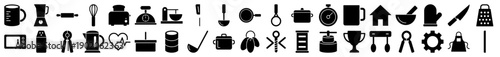 Kitchen appliance and cooking utensil icons in a black solid glyph style for home culinary themes.