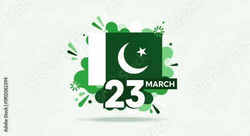 Pakistan republic day march 23rd green flag graphic design with white crescent moon and star symbol on light green background